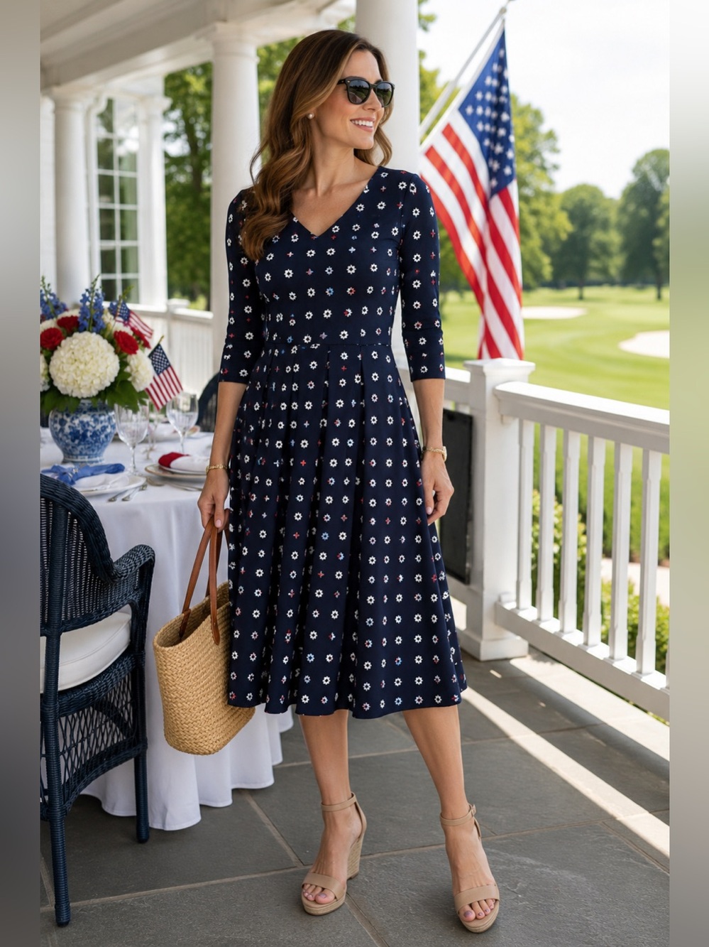Jet Navy Red White Blue Geometric Fit & Flare Fourth of July Dress size 8